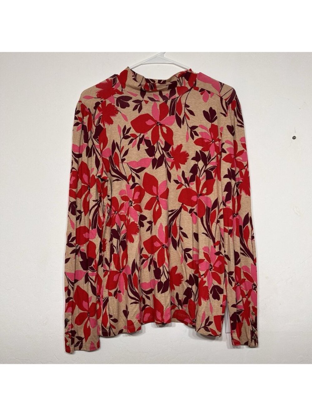 Liz Claiborne Turtleneck Long Sleeve Top Red Floral Size Medium